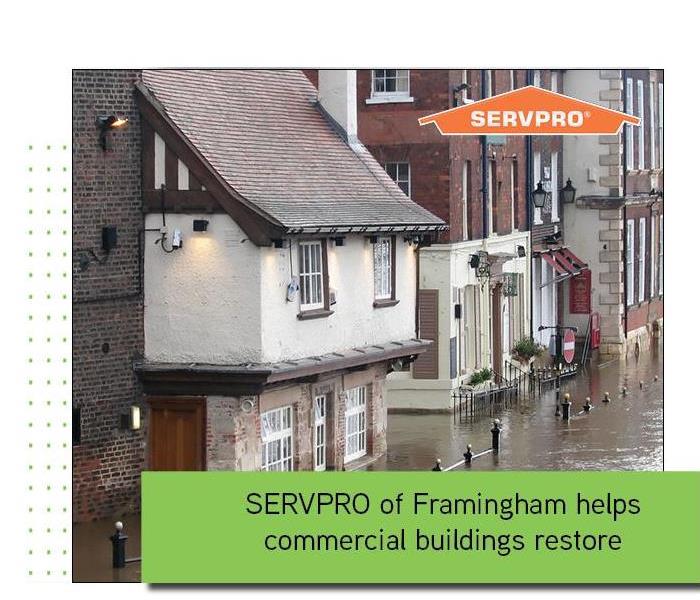 SERVPRO building with flooding and green text box SERVPRO logo