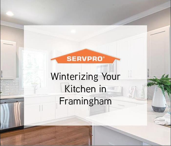 Kitchen with white box overlay and Orange SERVPRO logo