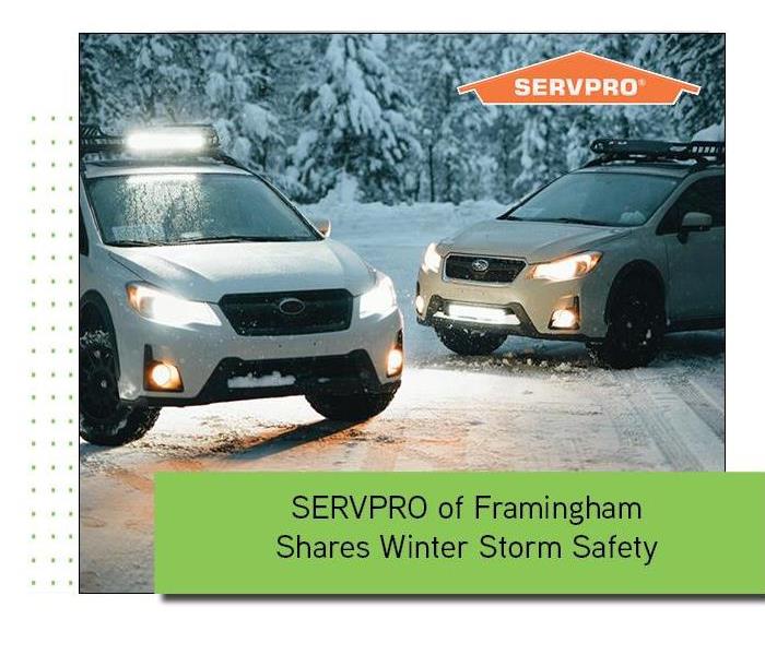 Cars in snow with green box overlay and orange SERVPRO logo