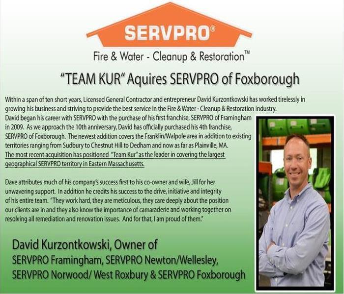 Servpro logo on top with text underneath and head shot of owner, David, on the right