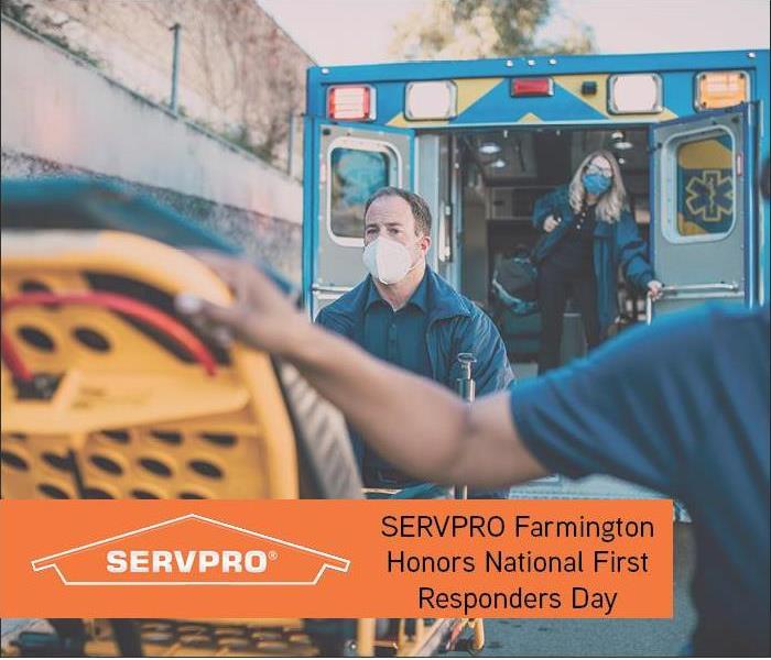 Ambulance workers in background with orange box and SERVPRO logo overlay